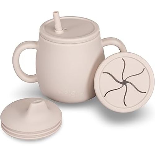 4-in-1 Silicone Sippy Cup with Snack and Straw Lid 6oz | Transition Training Cup for 6+ months to Toddler (Beige)