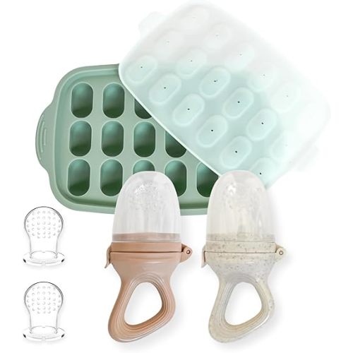 Hippypotamus Baby Food Feeder & Freezer Tray - Silicone Fruit Feeder - Pacifier Teething Toys - 2 Extra Pouches - Set of 2
