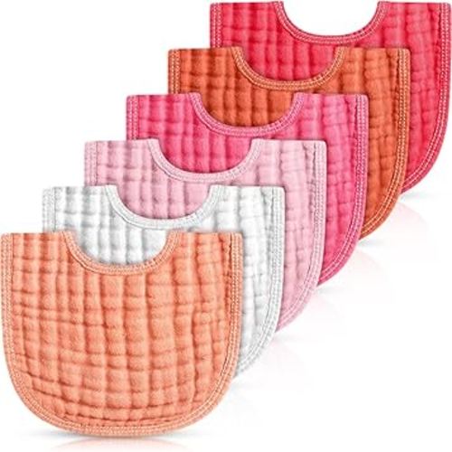 Frienda 6 Pcs Muslin Bibs Burp Cloths for Baby Teething Bandana Bibs 6 Absorbent Layer for Baby Boy Girl Cotton Burping Cloth(Pink Series)