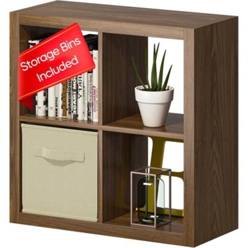 Bookshelf with Storage Bins, 4-Cube Storage Organizer with Back Panels, Modern Wood Open Bookcase, Multifunctional Display Shelf for Living Room, Bedroom, Home Office, Classic Oak
