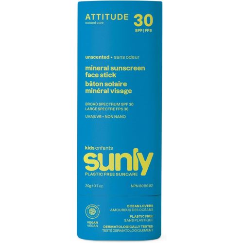 ATTITUDE Mineral Face Sunscreen Stick for Kids, SPF 30, EWG Verified, Plastic-Free, Broad Spectrum UVA/UVB Protection with Zinc Oxide, Dermatologically Tested, Vegan, Unscented, 0.7 Ounce