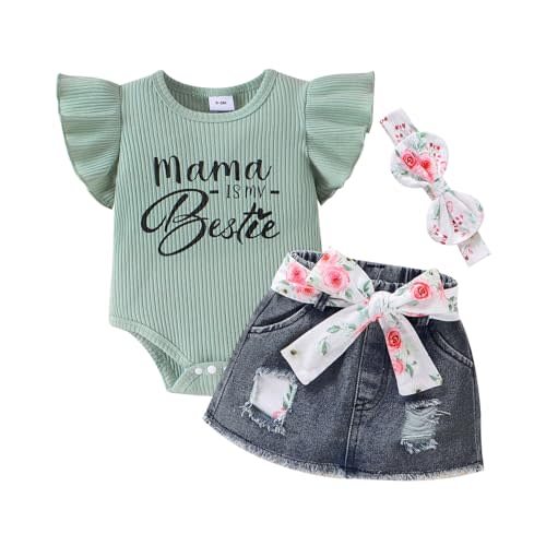 CETEPY Baby Girl Clothes Newborn Romper Ruffle Sleeve Short Jeans Skirt with Headband Infant Outfits Set 0-18 Months