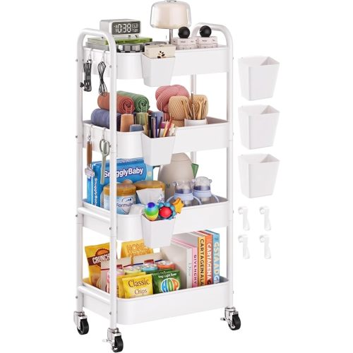 Heavy Duty 4 Tier Rolling Storage Cart Metal with Wheels, White Four Tiered Utility Roller Carts Organizer on Wheels for Art, Craft, Baby Diaper Caddy, Snack, Book, Large-Capacity Shelving Units, 37in