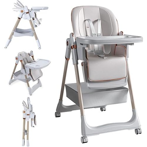 3-in-1 Foldable High Chair for Babies & Toddlers, Adjustable Height, Reclining Seat, Wheels with Safety Locks, Removable Tray, Space-Saving Multifunctional Baby Dining Chair (White)