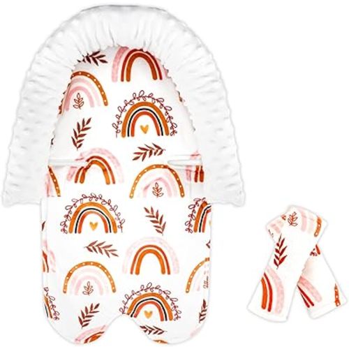 Infant Car Seat Head Support Rainbow Baby Carseat Head Support Cushion & Strap Covers for Newborns Ultra Soft Minky Dot Fabric Perfect for Baby Carseats, Strollers, Swing, and Bouncers