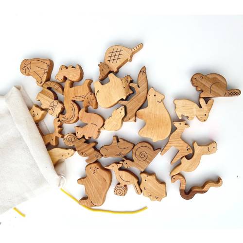 24 Wooden Forest animals set, birds and reptiles, wooden animal figure toy, Wild animal set, woodland animals wooden bear wolf fox hare