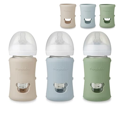 PandaEar 3 Pack Silicone Sleeves for Philips Avent Natural Glass Baby Bottles 8 oz, Shatterproof & Heat Resistant Bottle Holder, BPA-Free, Compatible with 8 oz Avent Glass Bottles, Blue Green Beige
