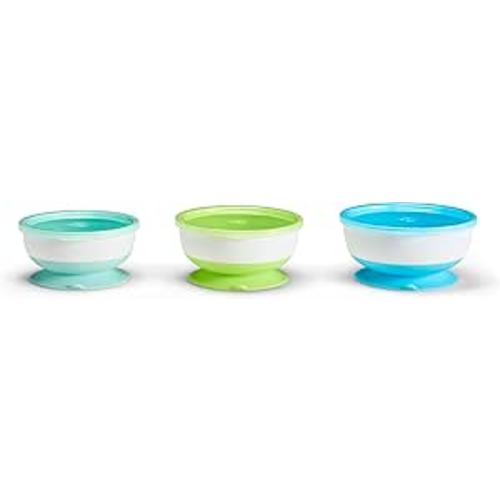 Munchkin Stay Put Suction Baby Bowls with Lids - Dishes for Babies and Toddlers, Self-Feeding Bowl Set for Kids 6+ Months, 3 Pack, Blue/Green