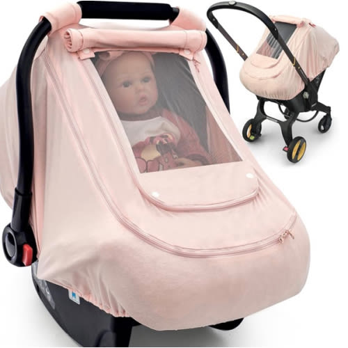 Baby Car Seat Cover for Summer/Spring,100% Organic Cotton Carseat Cover for Babies,Infant Car Seat Cover Canopy for Boys& Girls, Lightweight & Breathable (Pink)