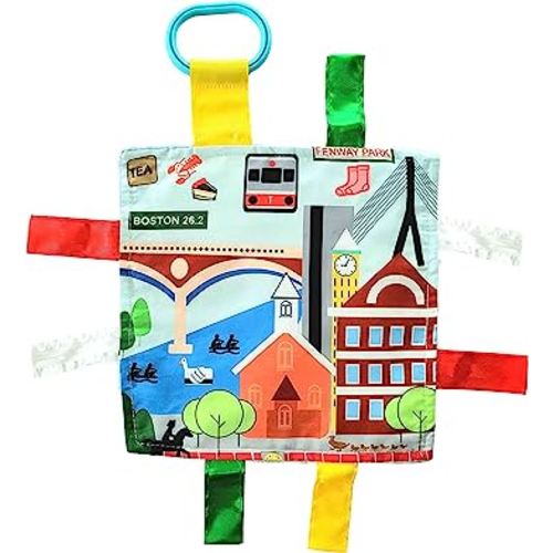 Baby Jack & Co 8x8” Learning Lovey Boston Massachusetts Tag Toys for Babies - Baby Crinkle Toys - Soft & Safe - Learn USA Cities and Shapes - Ideal Baby Toy & Gift BPA Free w/Stroller Clip