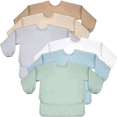 6 Pack Long Sleeve Baby Bibs Mess Proof Bib Washable Feeding Bib Waterproof Smock Bib for Infant Toddler 6-24 Months