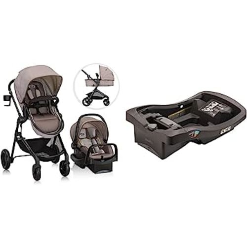 Evenflo Pivot Modular Travel System with LiteMax Infant Car Seat with Anti-Rebound Bar (Desert Tan) and Evenflo LiteMax Infant Car Seat Base, Black