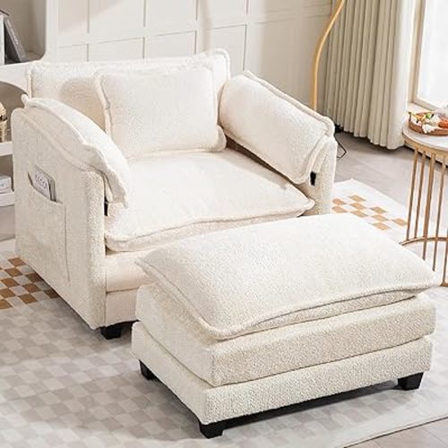 KEIKI Boucle Accent Chair with Storage & Ottoman, Oversized Reading Arm Chair w/Double Cushion, Modern Side Deep Seating Chairs Set, Corner Comfy Lounge Armchair for Living Room, Bedroom, White