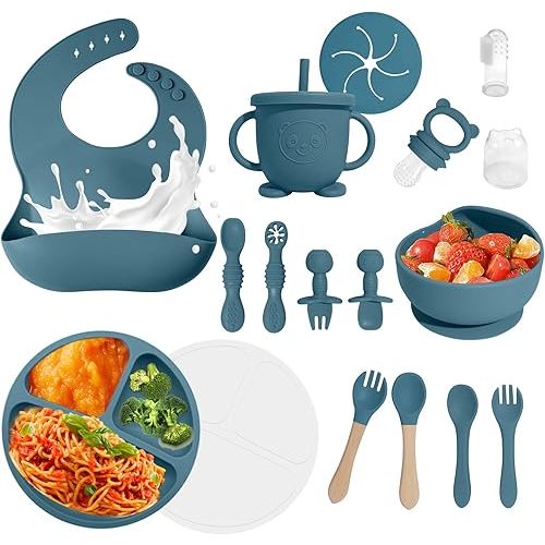 Baby Led Weaning Supplies, 17 Piece BPA-Free Silicone Feeding Set, Eating Essentials Baby Utensils with Suction Plate and Bowl, Pocket Bib, Sippy Cup with Lid, for 6+ Months, Blue