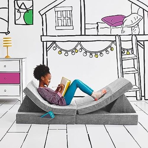 Yourigami Kids and Toddler Play Couch, Convertible Folding Sofa, Durable Foam Modular Design, Mountain Gray