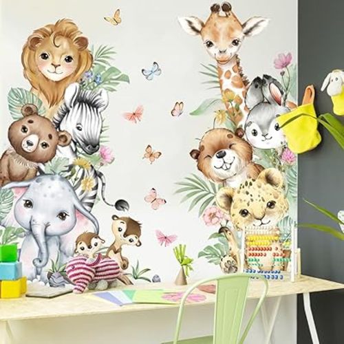 Watercolor Jungle Animal Wall Decals Tiger Elephant Giraffe Zebra Lion Wall Stickers Removable Animal Wall Decals Stickers Decor for Baby's Nursery Playroom Bedroom Classroom Kindergarten Wall Decor