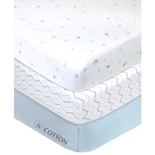 American Baby Company 3 Pack 100% Natural Cotton Fitted Mini Crib Sheets 38" x 24" - Soft & Breathable Small Nesting Portable Sheets, Fits Pack N Play Mattresses, Blue Star/Zigzag, for Boys & Girls