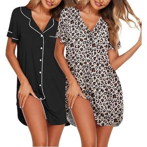Ekouaer Nightgowns for Women 2 Pack Button Down Sleepwear Short Sleeve Sleepshirts Soft Nightshirts Boyfriend Pajama Dress Black/Leopard S