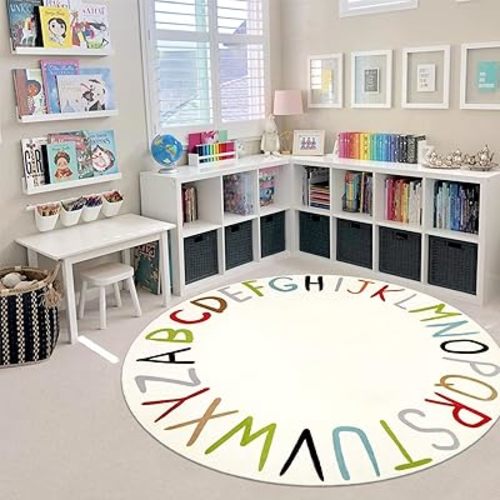 LIVEBOX ABC Round Kids Rug Colorful Play Mat for Playroom, Alphabet Learning Nursery Rug Circle Washable Rug for Children Bedroom, Non-Slip Educational Carpet for Teen (59",Multi Color)