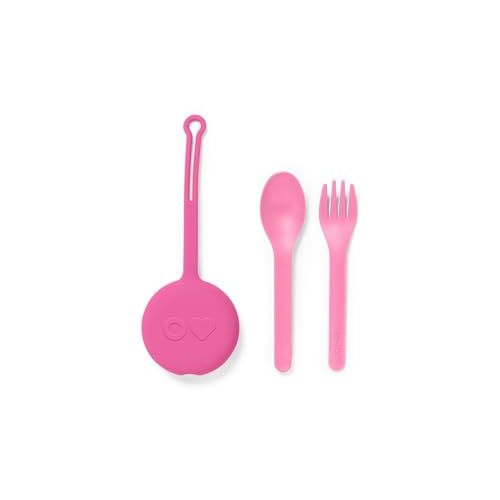 Omie OmieBox Kids Utensils Set with Case - 2 Piece Plastic, Reusable Fork and Spoon Silverware with Pod for Kids (Bubble Pink)