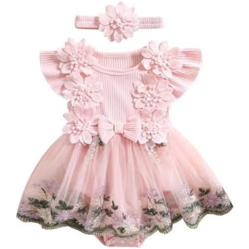 Douhoow Baby Girl Dress Romper Baby Romper Dress Flowers Embroidery Tulle Skirt Infant Girl Summer Clothes with Headband