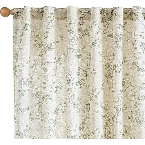 Lazzzy Green Floral Curtains 84 Inch Length Linen Farmhouse Curtain Back Tab Drapes for Living Room Bedroom Light Filtering Vintage Rod Pocket Curtains, 2 Panels, Green on Beige