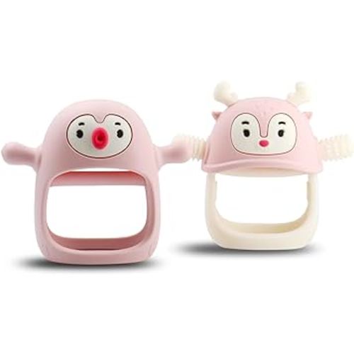 Smily Mia Teething Toys for Babies 0-12 Months, Penguin and Reindeer Baby Gift Set, Chew Toys 3M+, Hand Teether Set, Light Pink