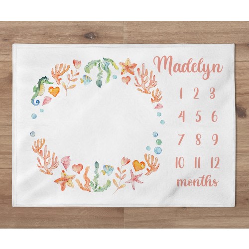 Under The Sea Girl Milestone Blanket, Personalized Ocean Milestone Monthly Baby Blanket, Ocean Nursery, Mermaid Baby Shower Gift