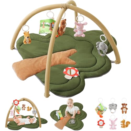 Baby Play Gym Mat, Tree-Shaped Tummy Time Mat with 6 Detachable Toys, Thick & Plush Play Mat for Babies 0-6 Months, Baby Activity Mat, Newborn Infant Baby Essentials Gift