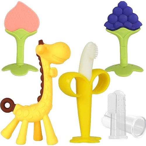 Baby Teething Toys, Silicone Baby Teether Freezer BPA Free, Soothe Babies Teething Relief Sore Gums, Banana Finger Toothbrush, Fruit Shape Giraffe Teether Set for Infant Boys and Girls