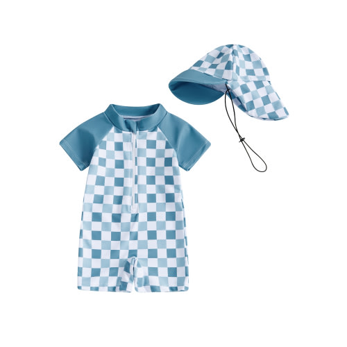 aturustex Little Boys Girls Zipper Rash Guard Swimsuit and Hat 3-6 M Toddler Short Sleeve Jumpsuits Swimwear Plaid Print Rompers Shorts Crew Neck BodysBathing Suit for Swim Pool Holiday Party