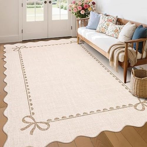 GarveeHome Scalloped Bow Rug for Living Room, Solid Beige Rug for Dorm, Washable Rugs 6x9 Soft Low Pile Non Slip Scalloped Rugs for Nursery College Bedroom Decor Kids Room Playroom
