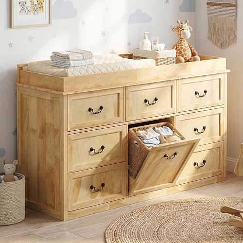 Nursery Dresser with Changing Table Top, 58.7"W Baby Dresser with 7 Drawers, Laundry Basket & Raised Guard, Infant Diaper Changing Storage Organize Station for Nursery and Bedroom, Natural