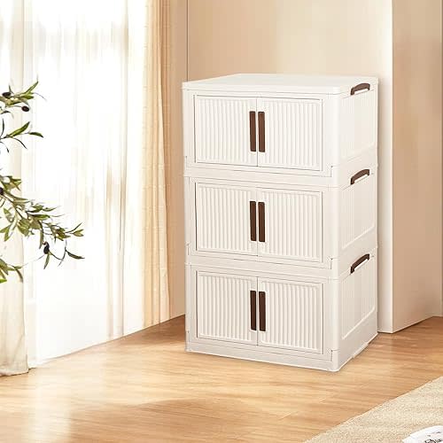 Stackable Storage Bins with 1 lid Stackable Storage Drawers for Clothes, Collapsible Stackable Storage Bins for Clothes, Home, Office (3 tiers)