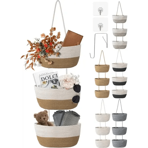 3 Tier Wall Mounted Woven Hanging Basket, Over the Door Hanging Basket with Hooks, Decorative Storage Hanging Closet Removable, Large Wall Basket for Living Room, Bedroom (White & Brown)