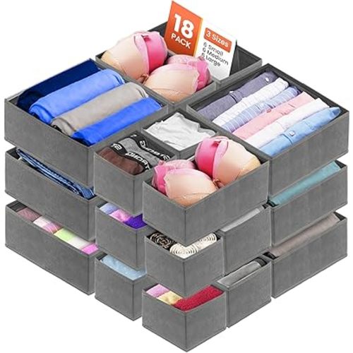RFAQK 18 Pack Drawer Organizer Clothes-3 Sizes Dresser Organizer for Underwear Closet, Baby Clothes Organizer for Wardrobe-Foldable Fabric Drawer Dividers for Bedroom,Lingerie,Undies,Bra (Dark Grey)