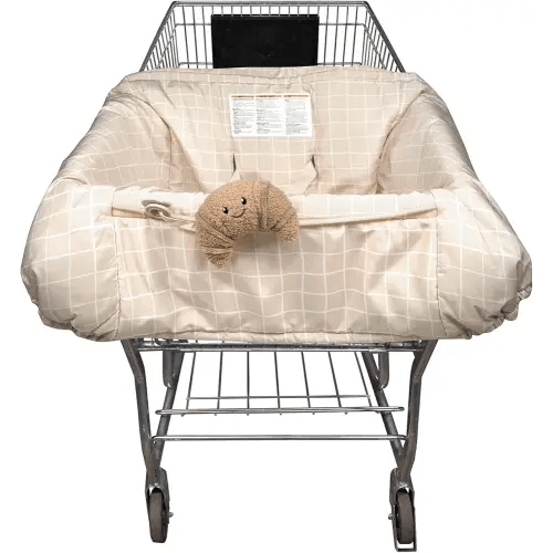 Boppy Shopping Cart Cover, Almond Croissant, Cart Cover for Babies with Soft 360-Degree Coverage, Safety Harness, and SlideLine Toy Tether with Plush Croissant Included, 6mo+