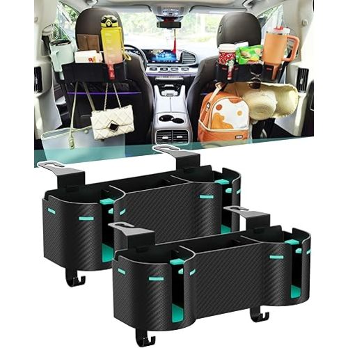 Car Headrest Backseat Cup Holder 3.7" with Organizer, High Capacity 4 in 1 Seat Back Organizer with Headrest Hooks, Multifunctional Storage for Car Travel Accessories Compatible with Most Vehicles