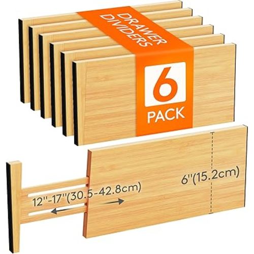 Lifewit 6 Pack Drawer Dividers Bamboo 6" High, 11-17" Adjustable Drawer Organizers for Clothes, Expandable Dresser Separators in Bedroom/Bathroom/Kitchen/Fridge/Office Organization and Storage