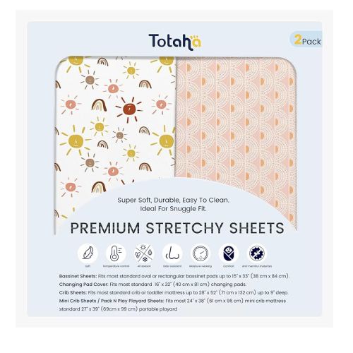 TotAha Mini Crib Sheets Boho Rainbow, Hypoallergenic Pack N Play Mattress Sheets, Buttery Soft Pack and Play Fitted Sheets 24x38x5, 2 Pack