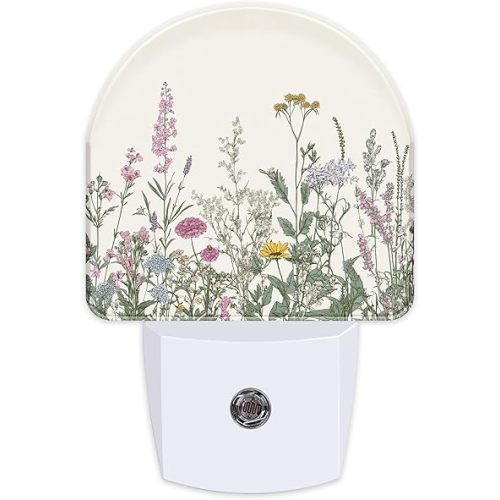 Herbs and Wild Flowers Night Light, Dusk-to-Dawn Auto Sensor Plug in Night Light for Kids, 0.5W Energy Saving LED NightLights for Bedroom/Bathroom, Ideal Gifts for Women Men