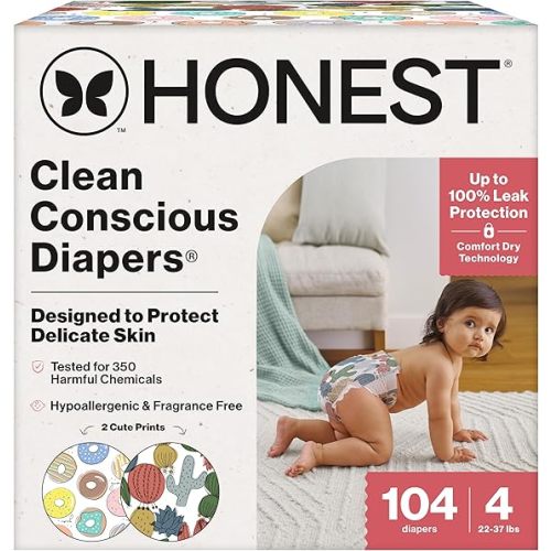 The Honest Company Clean Conscious Diapers for Delicate Skin | Up to 100% Leakproof | Hypoallergenic, Fragrance Free | Gender Neutral | Super Club Box, Size 4 (22-37 lbs), 104 Count (Prints May Vary)