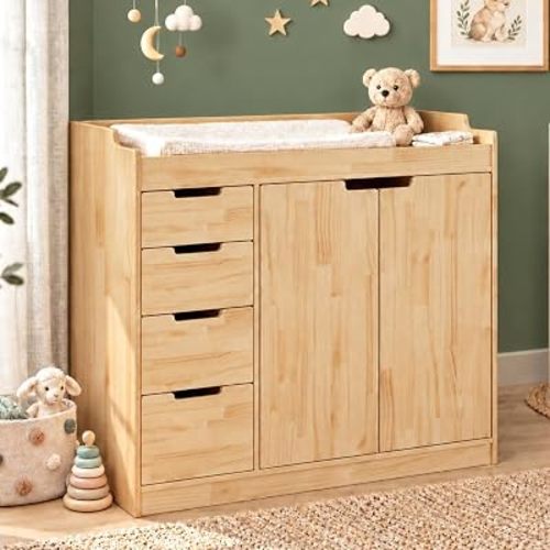 Nursery Dresser with Changing Table Top, 47.2" W Baby Dresser with 4 Drawers & Raised Guard, Solid Wood Infant Diaper Changing Storage Organize Station for Nursery Baby Bedroom, Natural