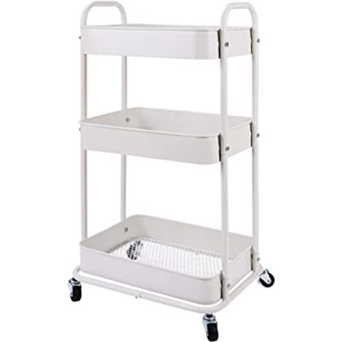 YOHKOH 3-Tier Metal Rolling Utility Cart, Storage Trolley Cart with Mesh Baskets and Lockable Wheels for Bathroom Kitchen Office(White)