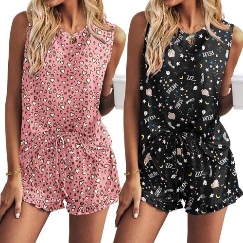 Ekouaer 2 Pack Women’s Pajama Set Print Sleepwear Tank Tops and Ruffled Shorts with Pockets Soft Loungewear Sets Outfits