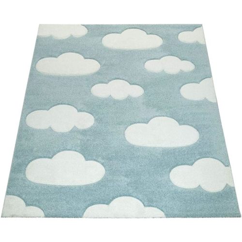 Modern Kids Rug with Clouds in Blue Pastel for Nursery, Size: 5'3" x 7'7"