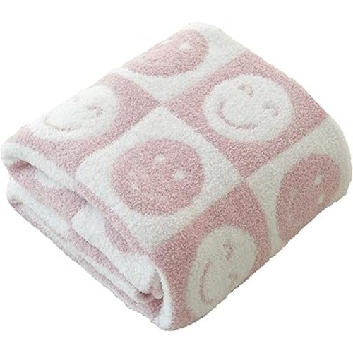Ultra Soft Cozy Happy Smiling Face Checkered Knitted Baby Blanket - Fluffy Microfiber Checkerboard Lightweight Both Sides Blanket for Couch Sofa Bed (Smile Pink, Baby 30"x40")