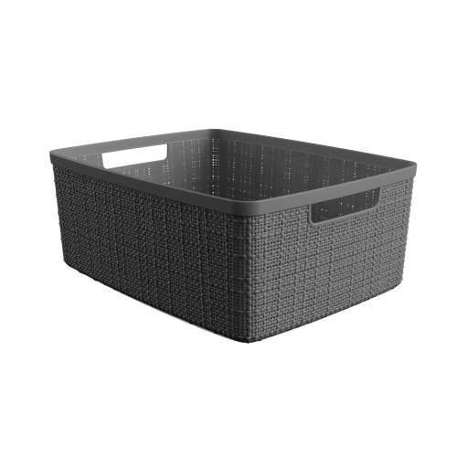 Curver Jute Medium Gray Plastic Storage Basket, 14 in x 10.7 in x 5.7 in