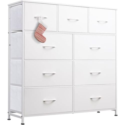 WLIVE 9-Drawer Dresser, Fabric Storage Tower for Bedroom, Hallway, Closet, Tall Chest Organizer Unit for Bedroom with Fabric Bins, Steel Frame, Wood Top, Easy Pull Handle, White