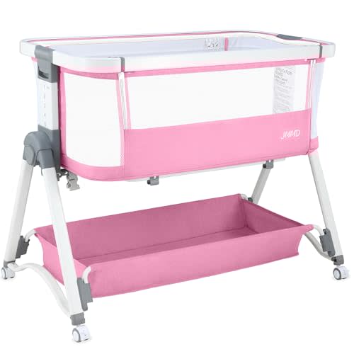 JMMD Baby Bassinet Bedside Sleeper, 3 in1 Baby Bassinet with 6 Levels Height Adjustable Side Sleeper Foldable and Portable Bedside Sleeper for Baby (Pink)